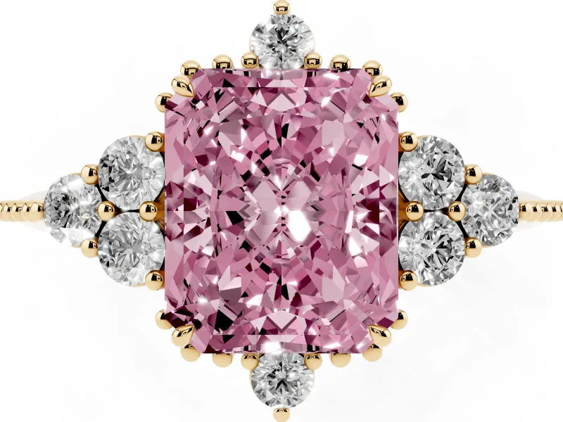 Radiant Cut Cluster Engagement Ring Setting for a Fancy Pink Lab-Grown Diamond | Yellow Gold