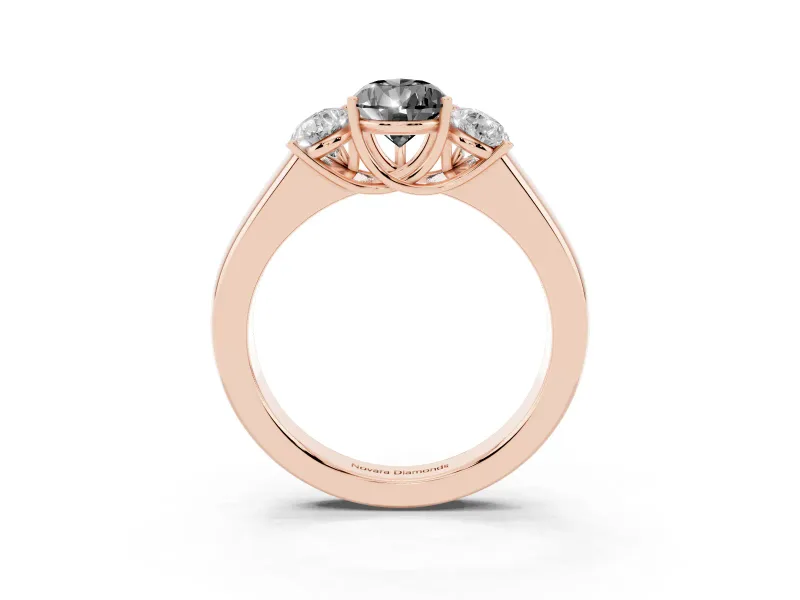 Fancy Black Three-Stone Pear Cut Diamond Ring Set in Rose gold with Matching Prong Settings and Plain Band