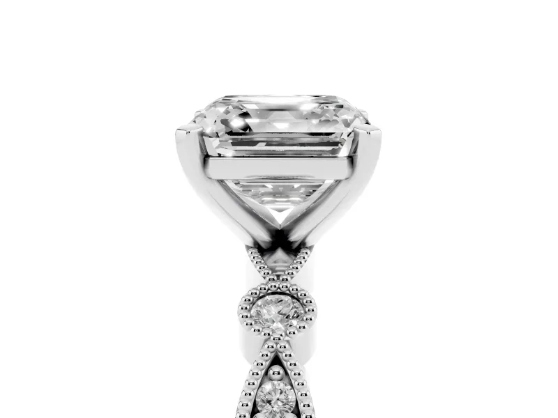 Asscher Cut Diamond Solitaire Engagement Ring Set in Platinum with Milgrain Bezel Accent Band