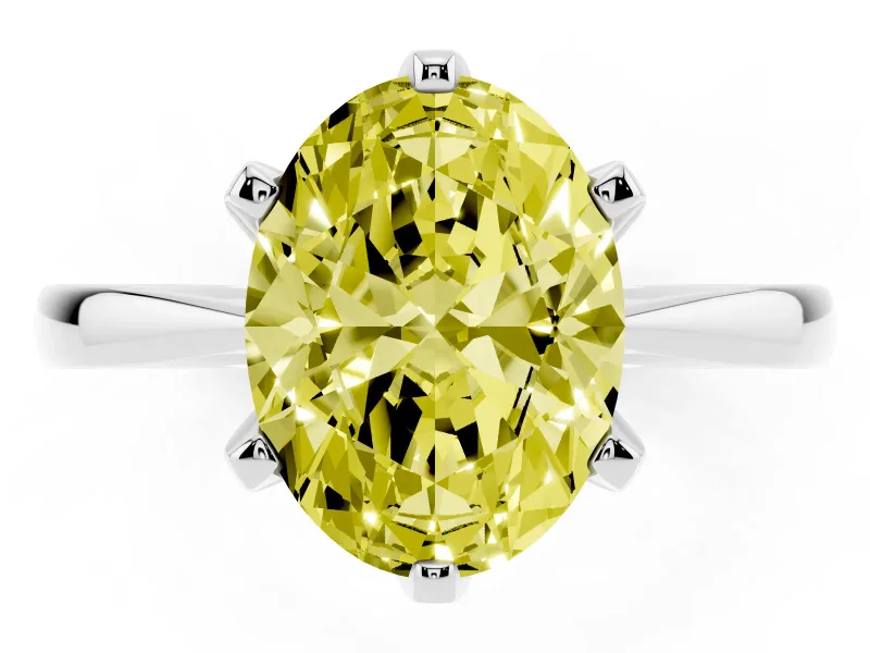Fancy Yellow Oval Cut Diamond Solitaire Engagement Ring Set in Platinum with Slim Tapered Solitaire Band