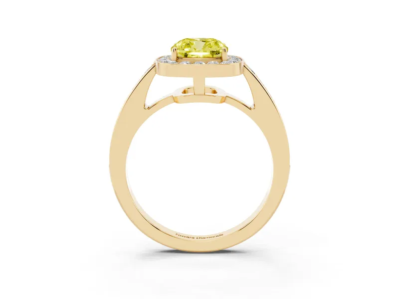 Fancy Yellow Cushion Cut Diamond Halo Pavé Engagement Ring Set in Yellow gold with Bezel Setting