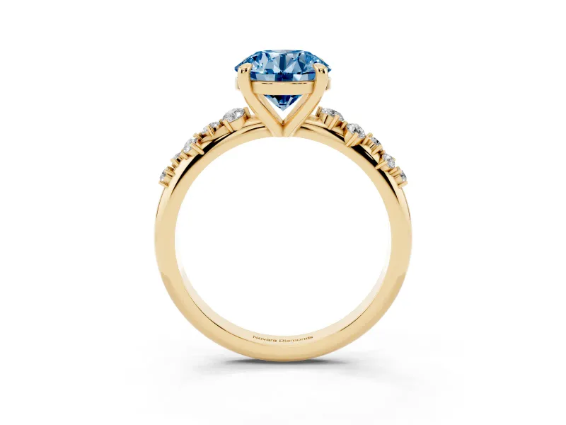 Fancy Blue Round Cut Diamond Solitaire Vine Band Ring Set in Yellow gold with Round Accents and Prong Setting