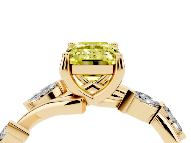 Fancy Yellow Emerald Cut Diamond Solitaire Ring Set in Yellow gold with Twisted Marquise Accent Band