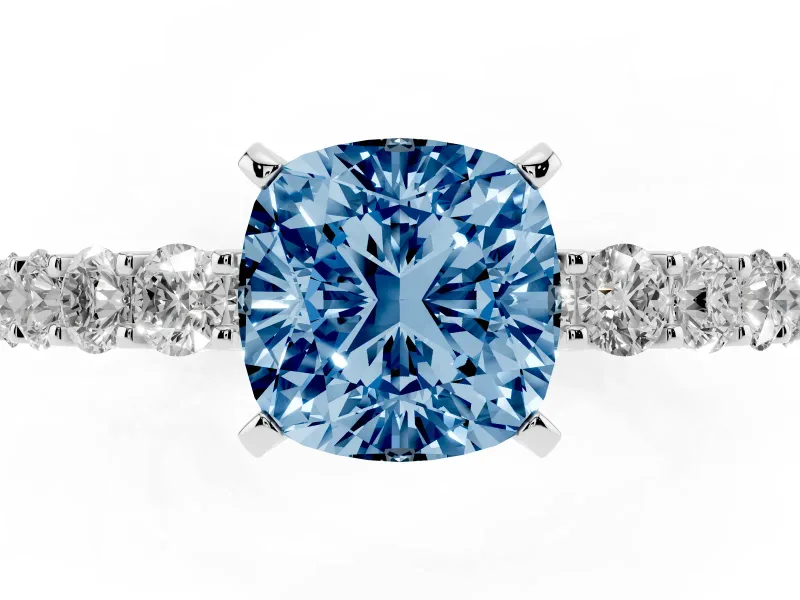 Cushion Cut Shared Prong Engagement Ring Setting for a Fancy Blue Lab-Grown Diamond | Platinum
