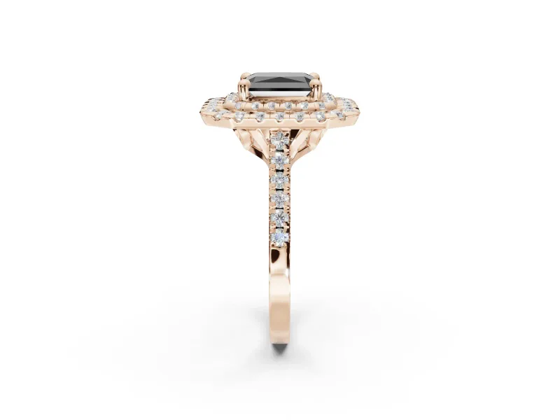 Fancy Black Radiant Cut Lab-Grown Diamond Double Halo Statement Ring Set in Rose Gold with Pavé Band