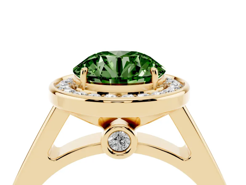Fancy Green Round Cut Diamond Halo Solitaire Ring Set in Yellow gold with Pavé Band and Bezel Setting