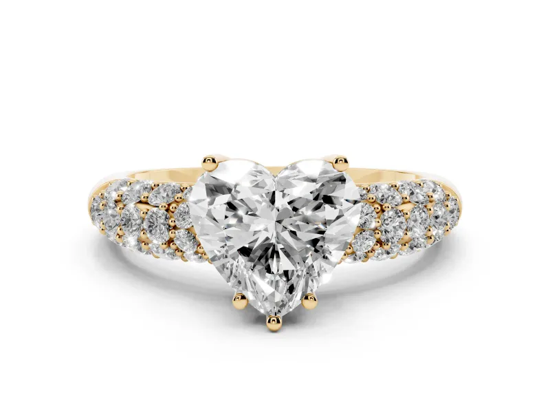Heart Cut Diamond Pavé Band Solitaire Ring Set in Yellow gold with Close-Set Accent Stones and Prong Setting