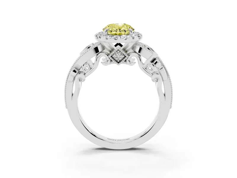 Fancy Yellow Oval Cut Diamond Halo Ring Set in Silver with Milgrain Pavé Band and Prong Setting