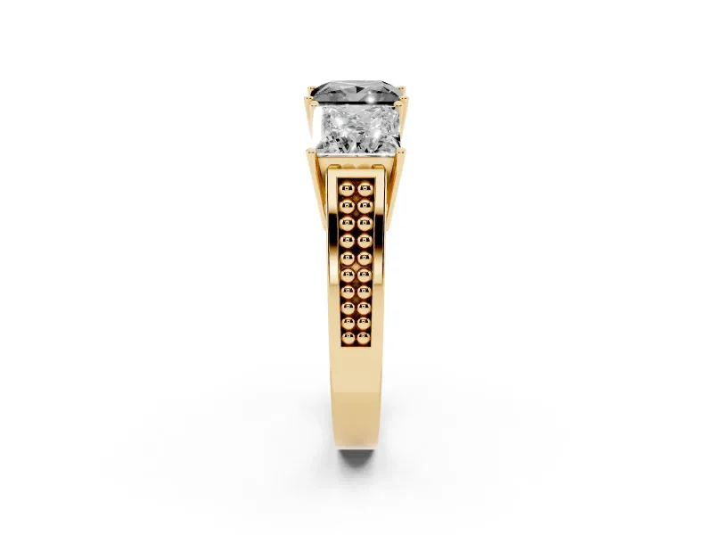 Princess Cut Three Stone Engagement Ring Setting for a Black Center | Beaded Shoulders | Yellow Gold