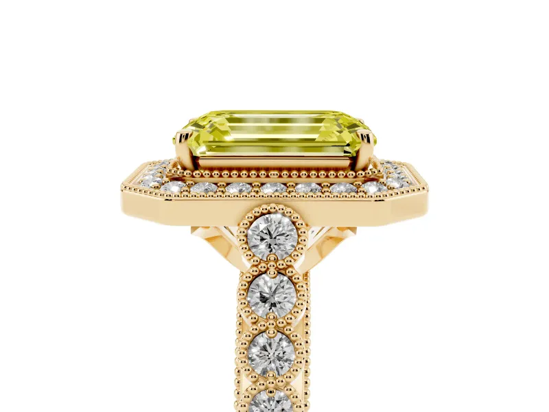 Emerald Cut Graduated Milgrain Halo Engagement Ring Setting for a Fancy Yellow Lab-Grown Diamond | Yellow Gold