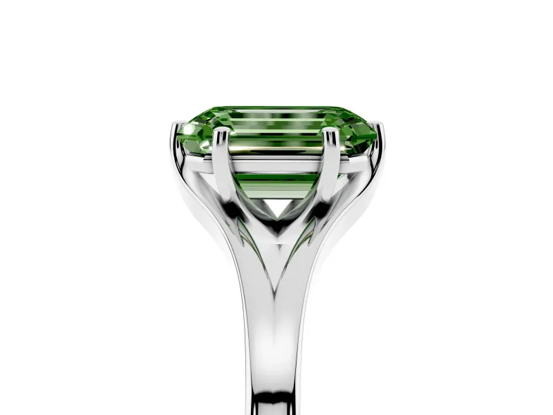 Fancy Green Emerald Cut Diamond Solitaire Ring Set in Platinum with Polished Tapered Band and Prong Setting