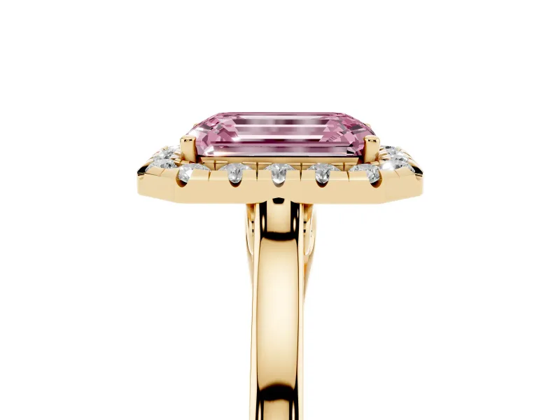 Emerald Cut Halo Engagement Ring Setting for a Fancy Pink Lab-Grown Diamond | Flat Tapered Band | Yellow Gold