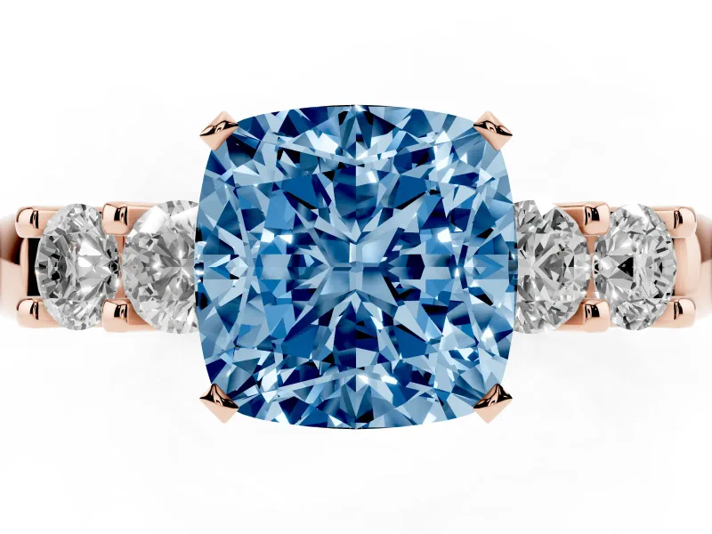 Fancy Blue Cushion Cut Diamond Five-Stone Prong Set Engagement Ring Set in Rose gold with Channel Band