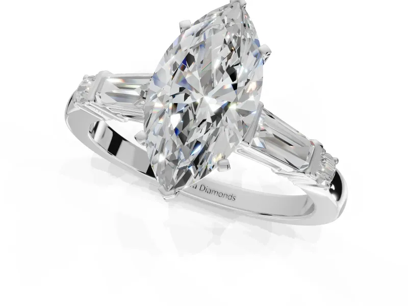 Marquise Tapered Baguette Engagement Ring Setting | Bar Set Sides | White Gold