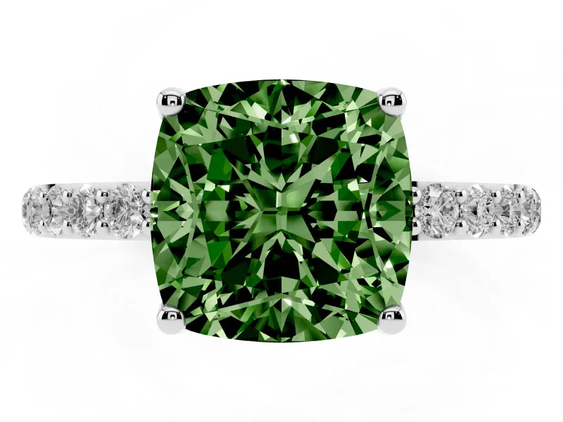 Fancy Green Cushion Cut Diamond Solitaire Engagement Ring Set in Platinum with Round Pavé Band and Prong Setting