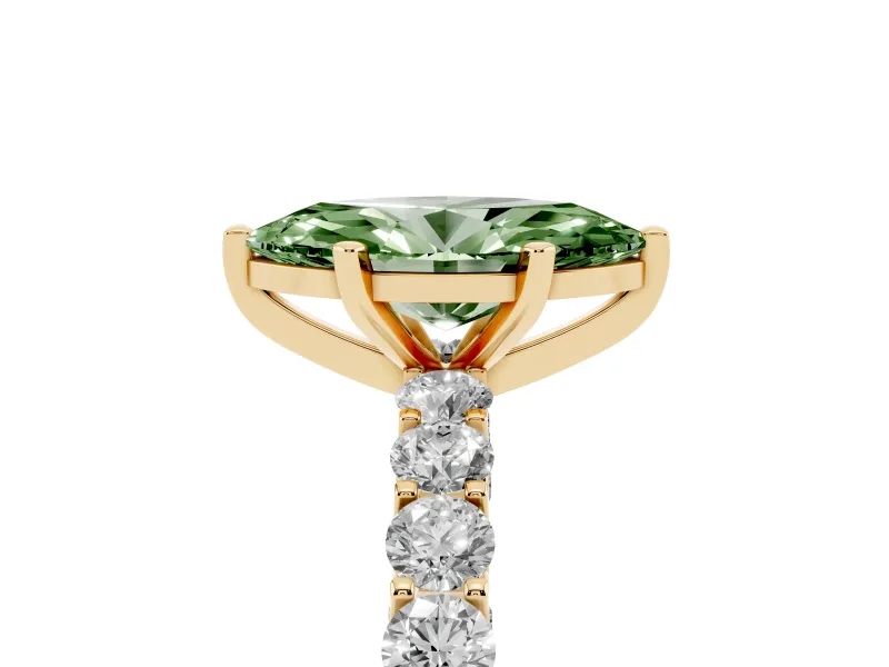Fancy Green Marquise Cut Diamond Solitaire Ring Set in Yellow gold with Shared Prong Pavé Band