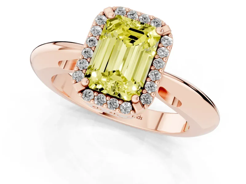 Fancy Yellow Emerald Cut Diamond Halo Engagement Ring Set in Rose gold with Plain Split Shank and Prong Setting