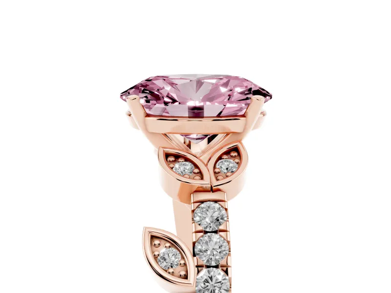 Fancy Pink Oval Cut Diamond Solitaire Leaf-Inspired Ring Set in Rose gold with Pavé Band and Prong Setting
