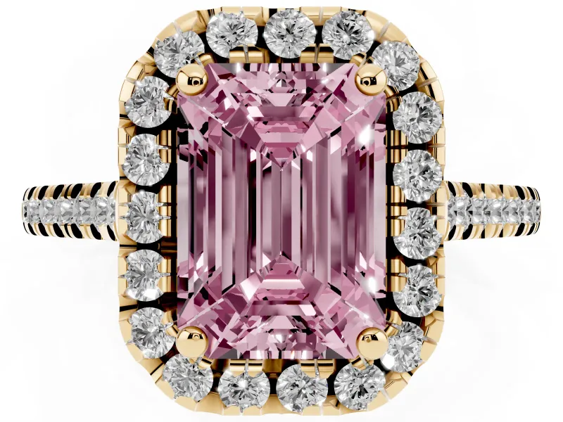 Emerald Cut Halo Engagement Ring Setting for a Fancy Pink Lab-Grown Diamond | Tapered Band | Yellow Gold