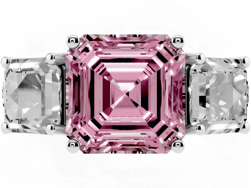 Asscher Cut Three Stone Engagement Ring Setting for a Fancy Pink Lab-Grown Diamond | Accented Shoulders | Platinum