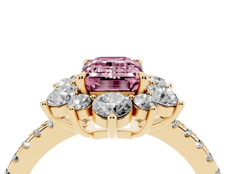Emerald Cut Star Floral Halo Engagement Ring Setting for a Fancy Pink Lab-Grown Diamond | Yellow Gold