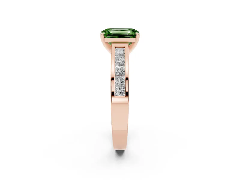 Fancy Green Emerald Cut Diamond Solitaire Ring Set in Rose gold with Channel-Set Band and Prong Setting