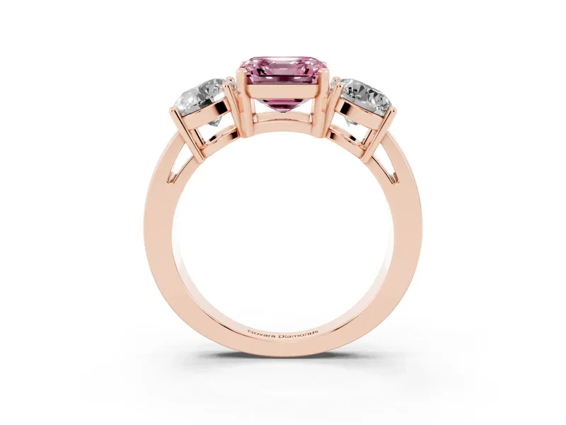 Asscher Cut Three Stone Engagement Ring Setting for a Fancy Pink Lab-Grown Diamond | Wide Plain Band | Rose Gold
