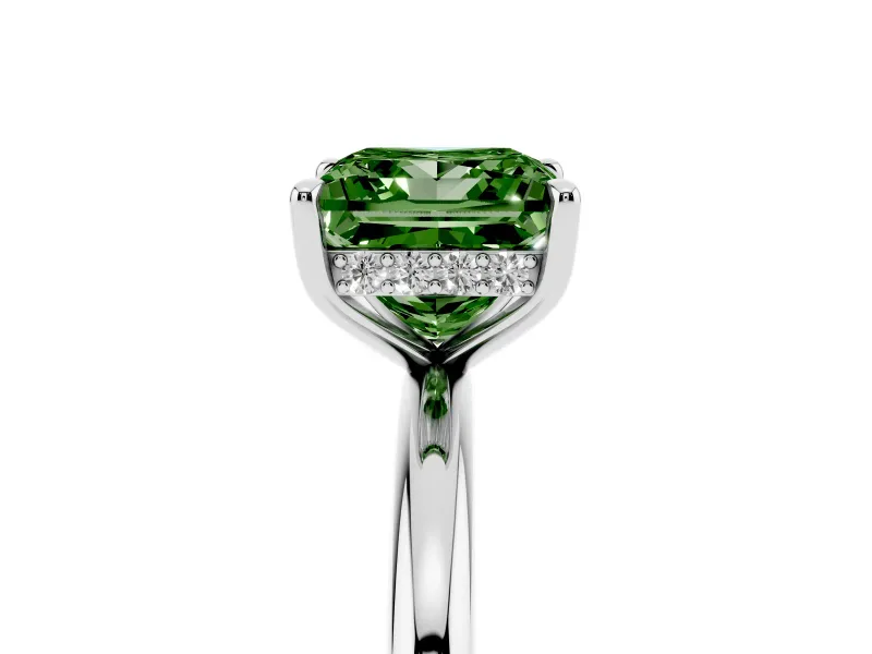 Fancy Green Princess Cut Diamond Solitaire Ring Set in Platinum with Thin Band and Prong Setting