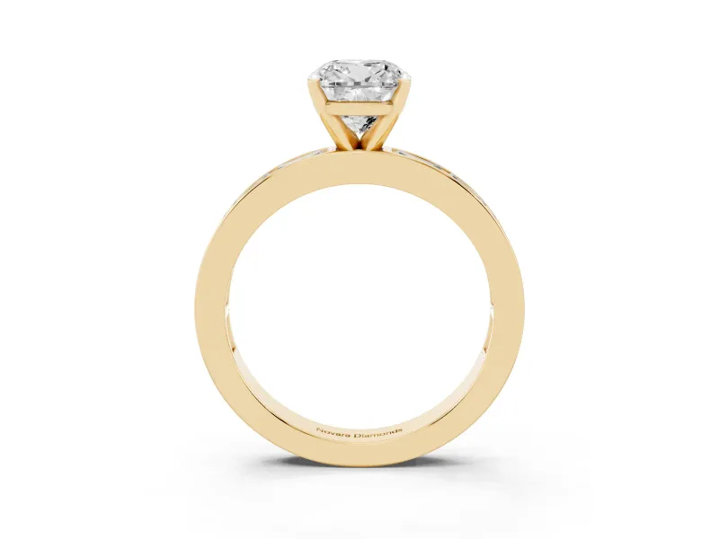 Cushion Cut Diamond Solitaire Ring Set in Yellow gold with Channel-Set Baguette Band and Prong Setting