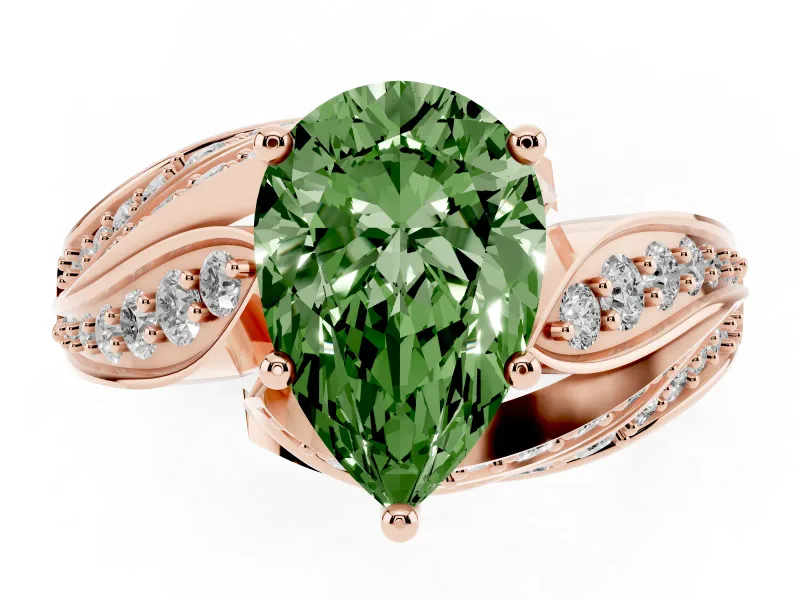 Fancy Green Pear Cut Diamond Solitaire Ring Set in Rose gold with Layered Twist Pavé Band