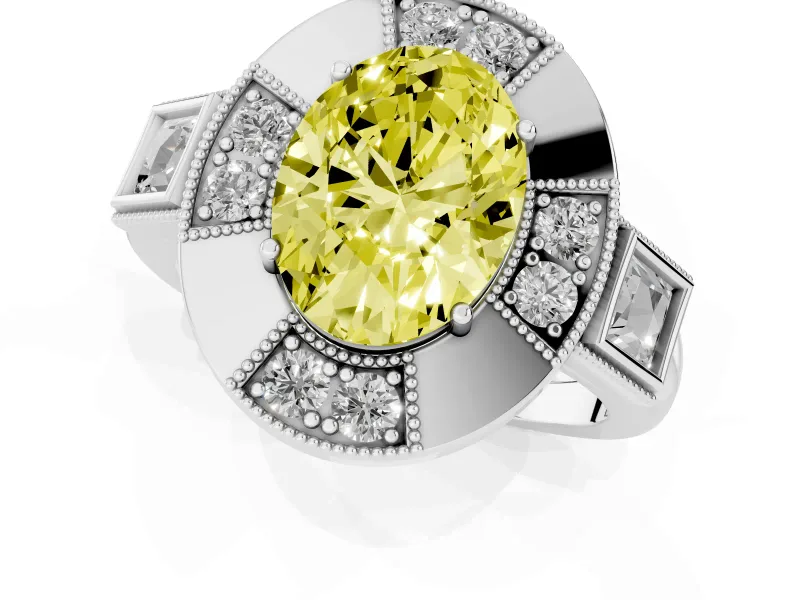 Fancy Yellow Oval Cut Diamond Milgrain Halo Ring Set in Platinum with Split Shank