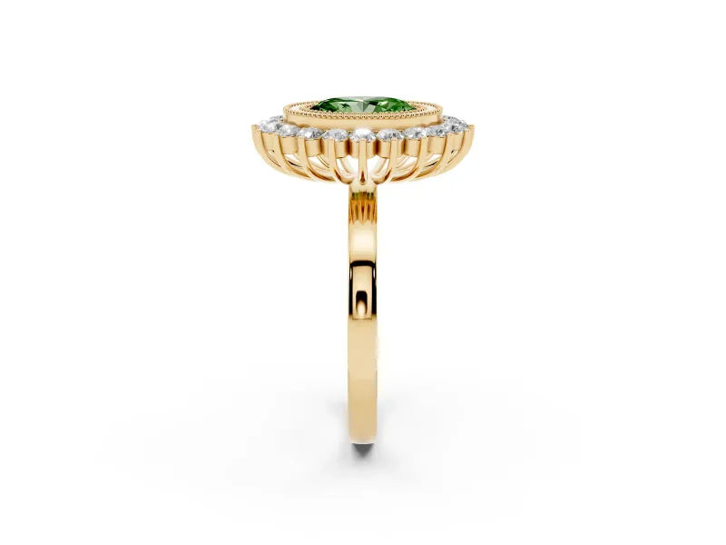 Oval Bezel Halo Engagement Ring Setting for a Fancy Green Lab-Grown Diamond | Yellow Gold