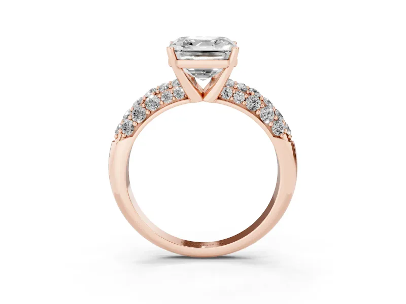 Asscher Cut Multi Row Pave Solitaire Engagement Ring Setting | Domed Shoulders | Rose Gold