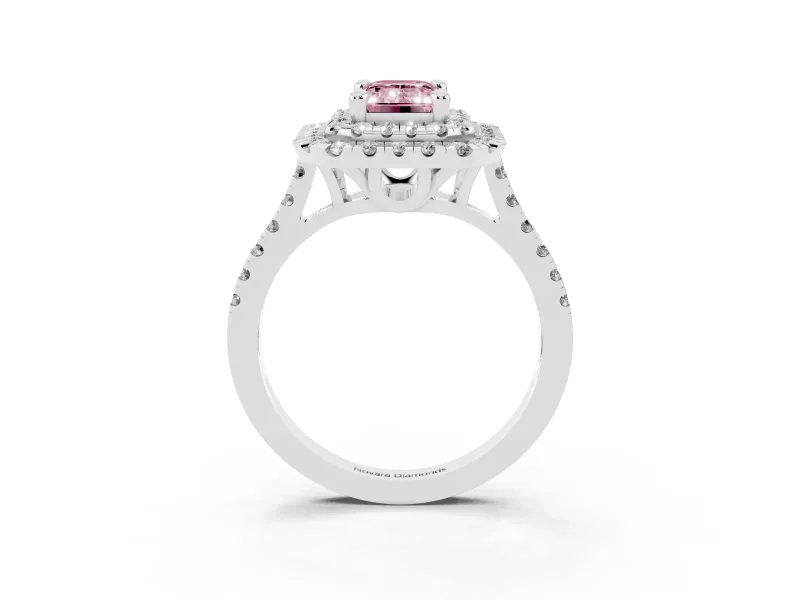 Fancy Pink Emerald Cut Diamond Double Halo Statement Ring Set in White gold with Pavé Band