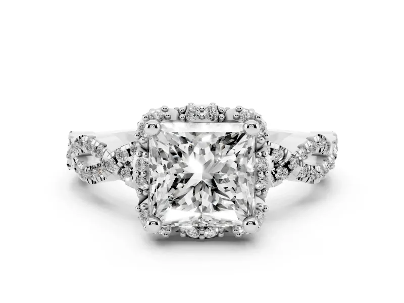 Princess Cut Diamond Halo Twist Band Solitaire Ring Set in Platinum with Prong-Set Center Stone