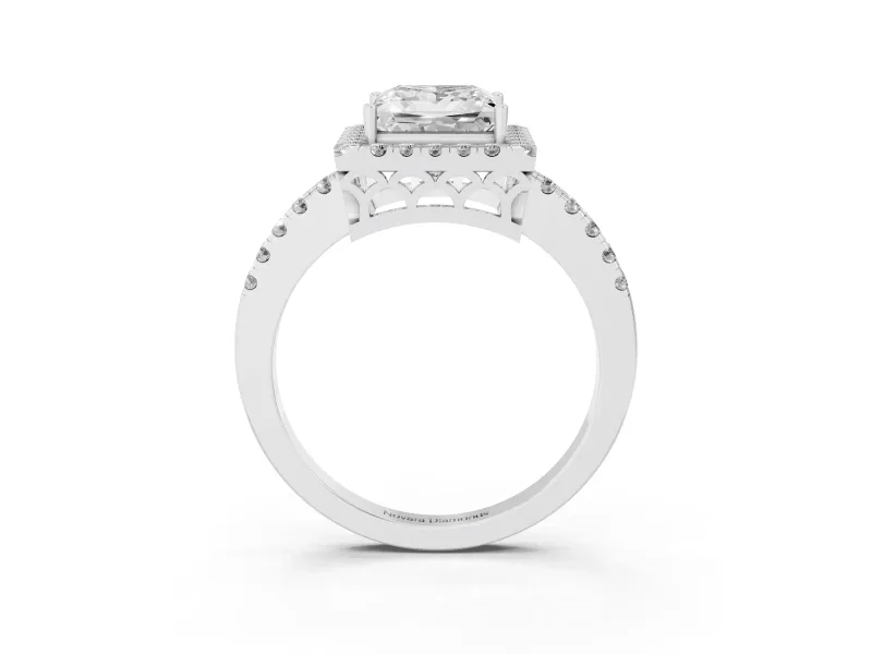Princess Cut Diamond Pavé Band Halo Engagement Ring Set in Platinum with Prong Setting