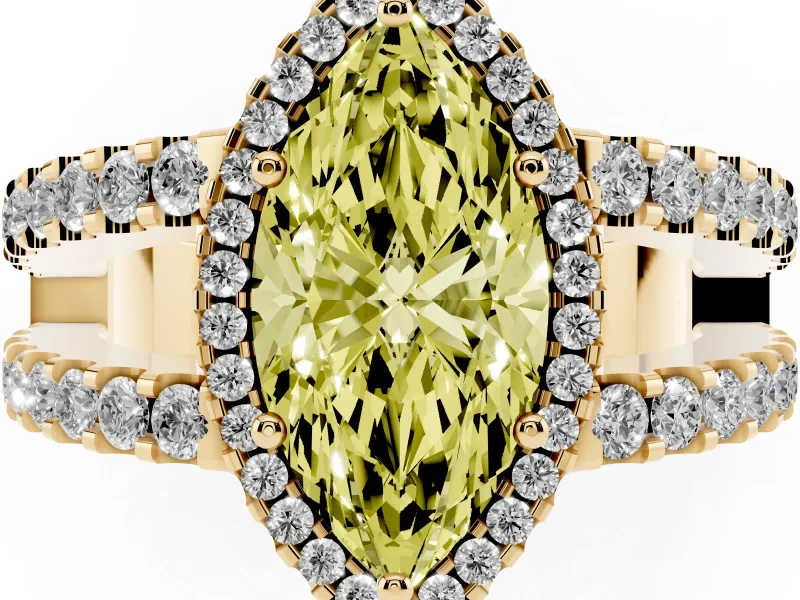 Fancy Yellow Marquise Cut Diamond Halo Ring Set in Yellow gold with Pavé Split Shank and Prong Setting