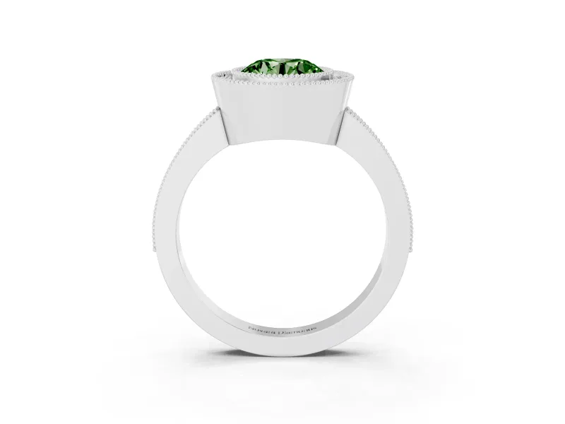 Fancy Green Round Cut Diamond Halo Engagement Ring Set in White gold with Pavé Band and Round Halo Stones