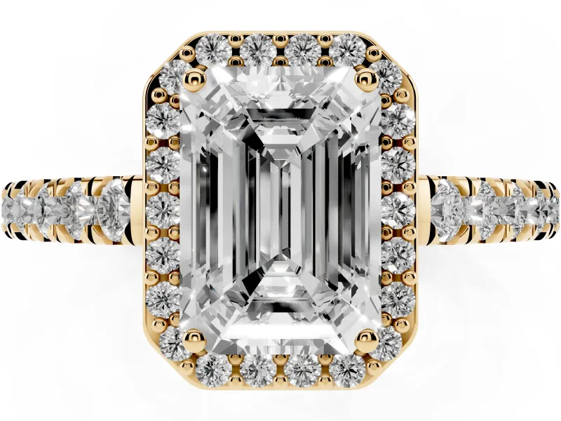 Emerald Cut Halo Pavé Engagement Ring Setting | Single Row Shoulders | Yellow Gold