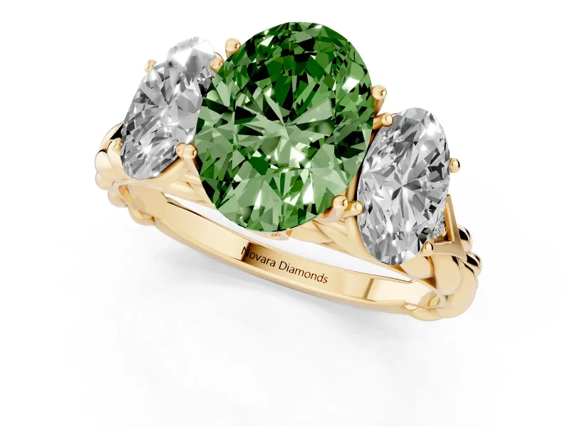 Fancy Green Oval Cut Diamond Three-Stone Ring Set in Yellow gold with Braided Band