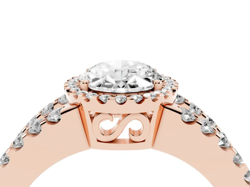 Oval Cut Diamond Halo Ring Set in Rose gold with Pavé Split Shank and Prong Setting