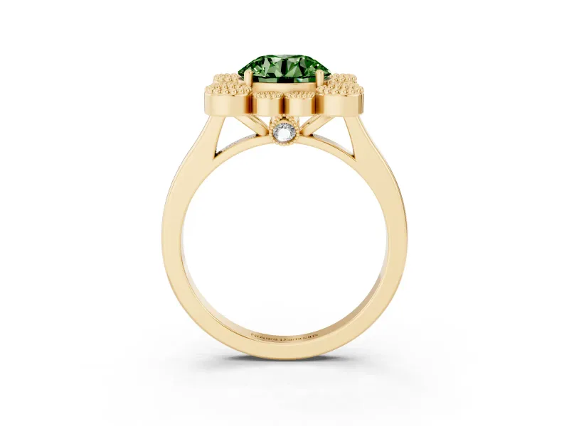 Round Milgrain Cluster Halo Engagement Ring Setting for a Fancy Green Lab-Grown Diamond | Plain Band | Yellow Gold