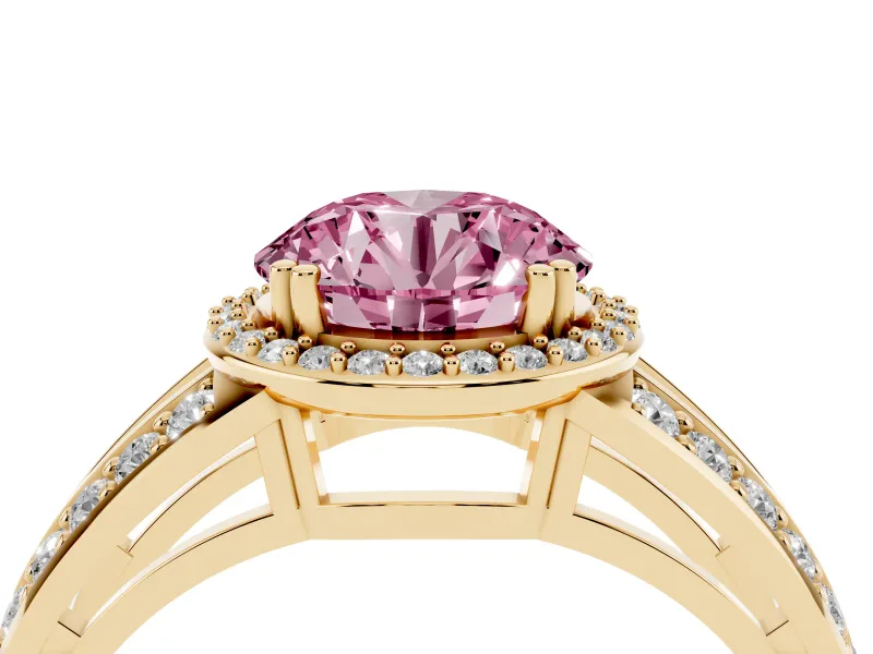 Round Halo Engagement Ring Setting for a Fancy Pink Lab-Grown Diamond | Split Shank | Yellow Gold