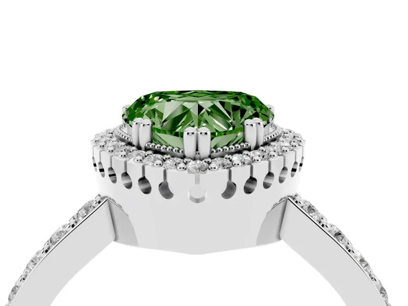 Fancy Green Heart Cut Diamond Halo Engagement Ring Set in White gold with Milgrain Detail and Pavé Band