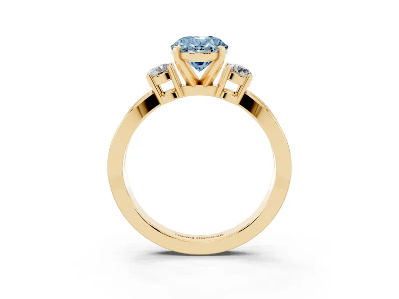 Fancy Blue Three-Stone Oval Cut Diamond Twist Band Ring Set in Yellow gold with Pavé Accents and Prong Setting