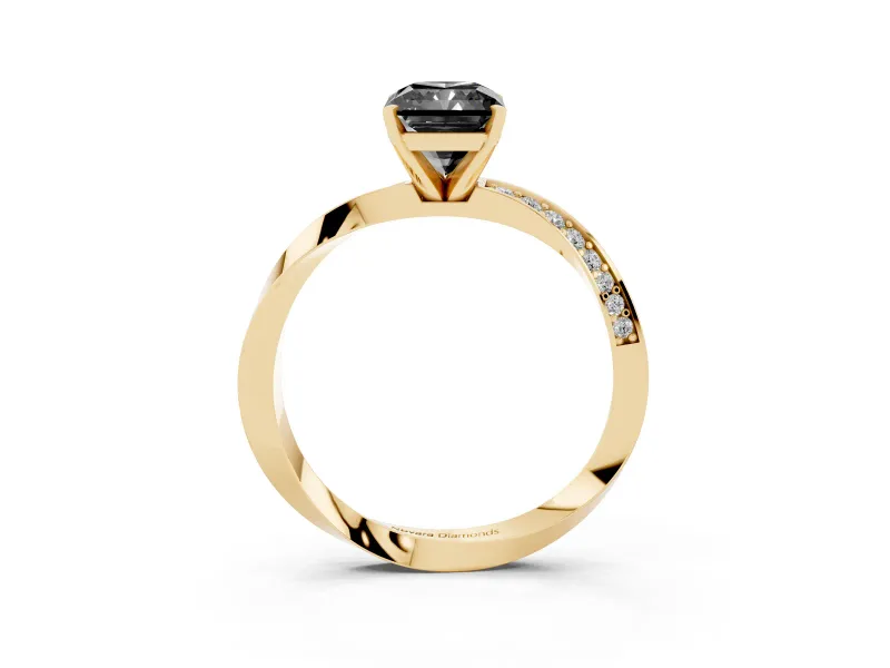 Fancy Black Radiant Cut Diamond Engagement Ring Set in Yellow gold with Side Stone Accents and Prong Setting