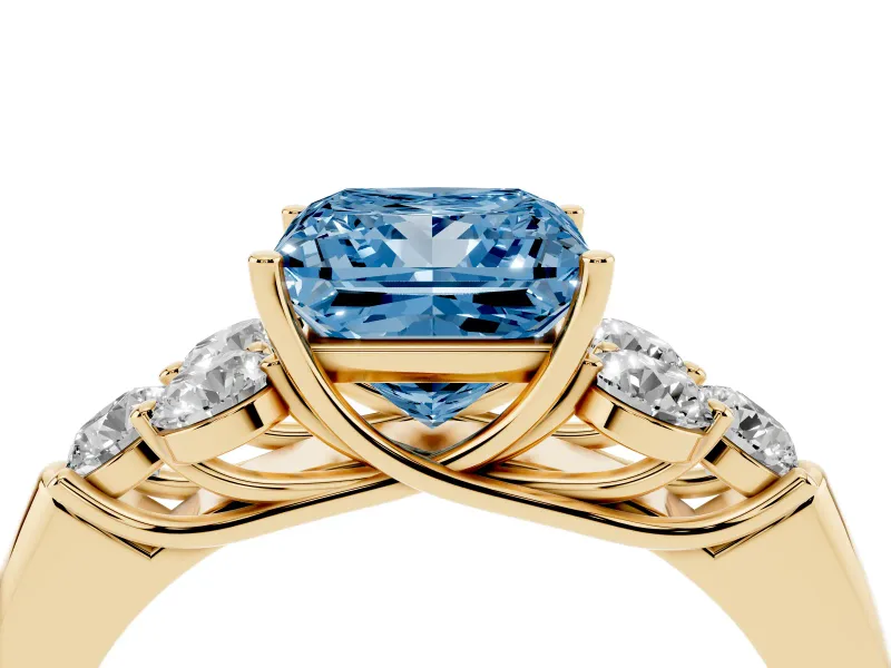 Fancy Blue Princess Cut Diamond Cluster Ring Set in Yellow gold with Round Accent Stones and Prong Setting on a Plain Band