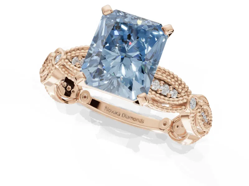 Radiant Cut Vintage Milgrain Engagement Ring Setting for a Fancy Blue Lab-Grown Diamond | Graduated Stations | Rose Gold