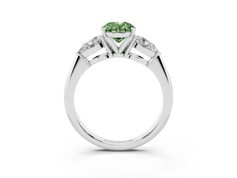 Fancy Green Three-Stone Oval Cut Diamond Ring Set in Silver with Pear Side Stones and Prong Setting