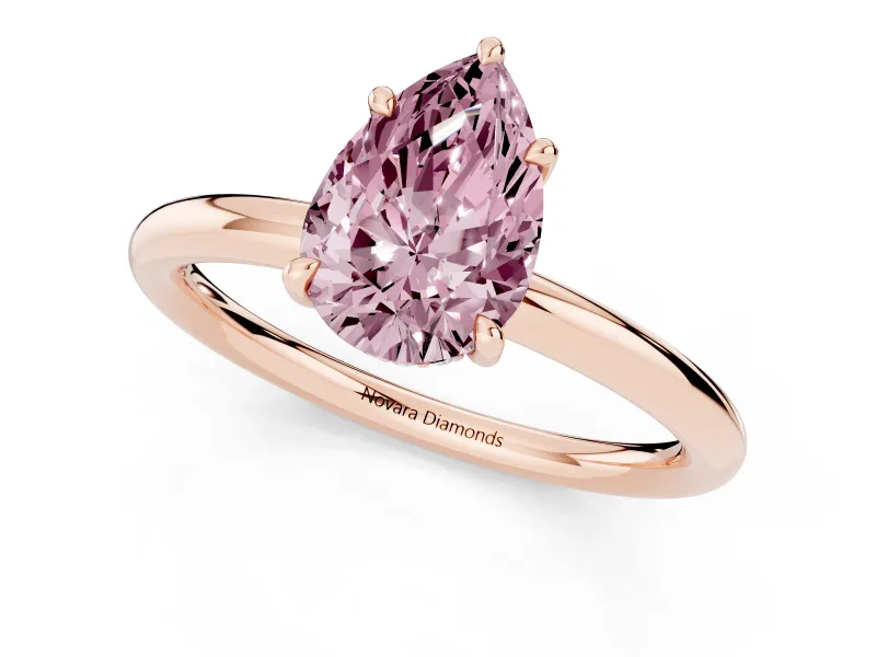 Fancy Pink Pear Cut Diamond Solitaire Ring Set in Rose gold with Thin Band and Prong Setting